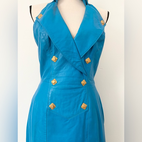 Michael Hoban North Beach Leather Vintage Blue Halter 1980’s Mini Dress Size 6 - Picture 3 of 16